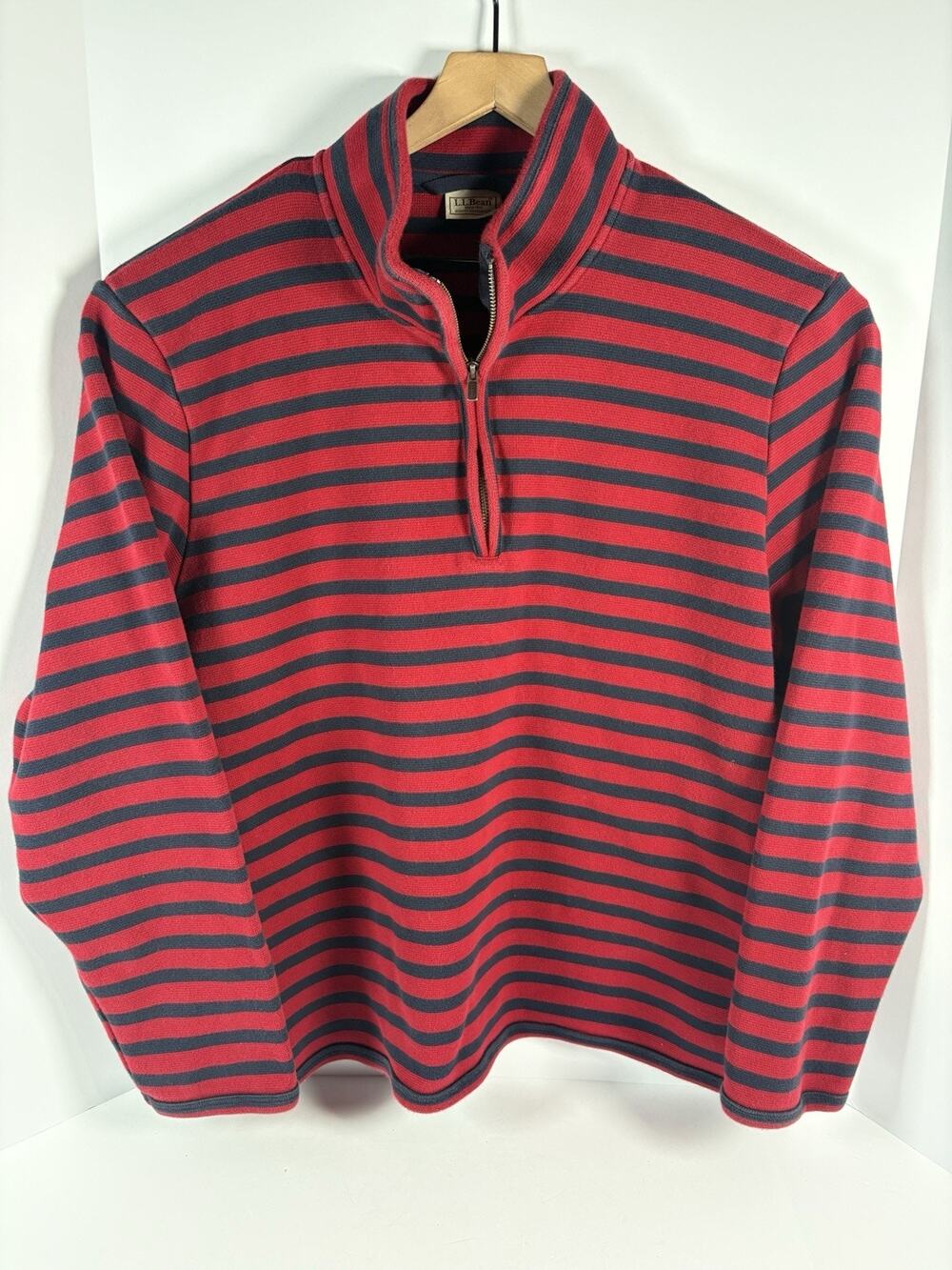L.L.Bean Mens XL Red Navy Striped Quarter Zip 100% Cotton Knit Pullover Sweater